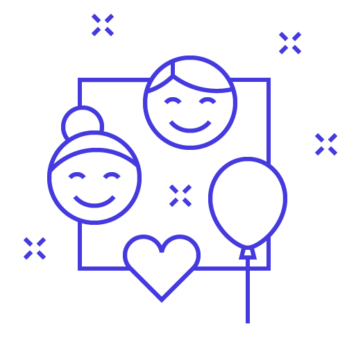 A graphic of smiling faces, a heart and a balloon.